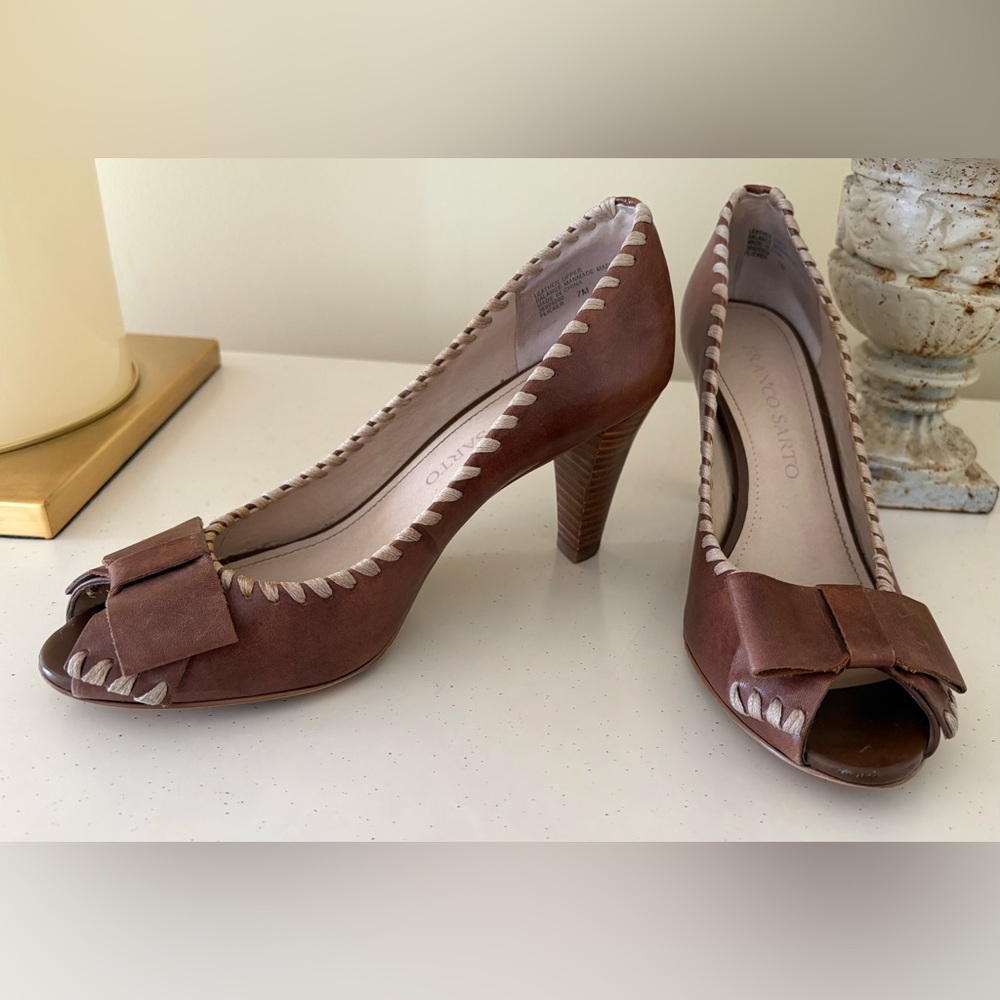 Franco Sarto Brown Peep-Toe Heels with Bow Accent